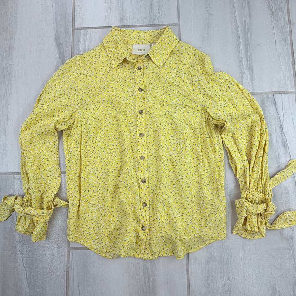 Maeve Anthropologie Yellow Banana Print Button Down Tie Cuff Shirt Size 6